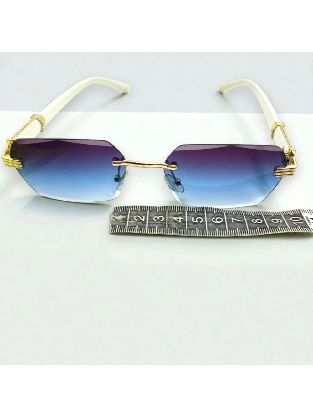 Blue Purple Lens Sunglasses Gold White Frame Y2K Luxe Glam Festival Shades